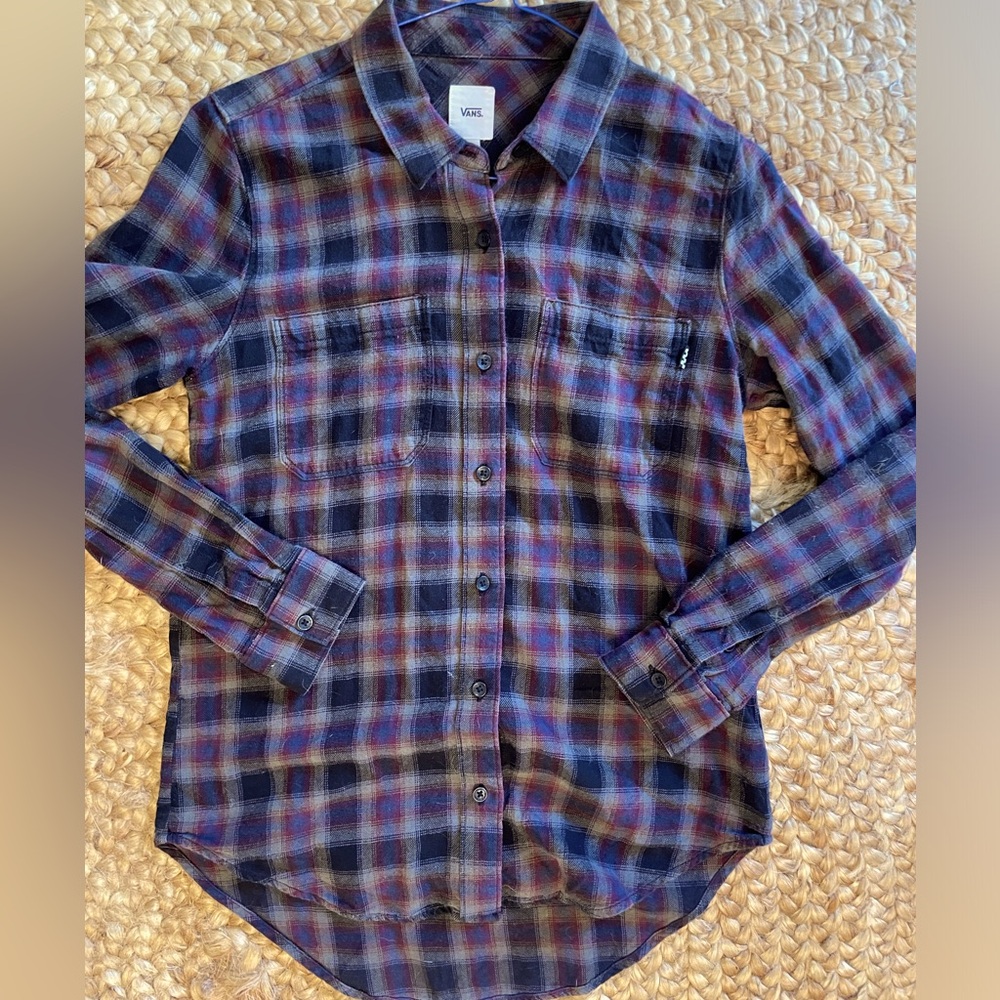 Vans XS sz 12-14 flannel beige, maroon & black 100% cotton shirt